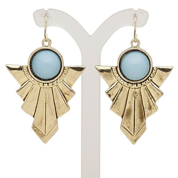 Vintage 90s Art Deco Style Antique Gold Turquoise Blue Zig Zag Earrings - Picture 1 of 1